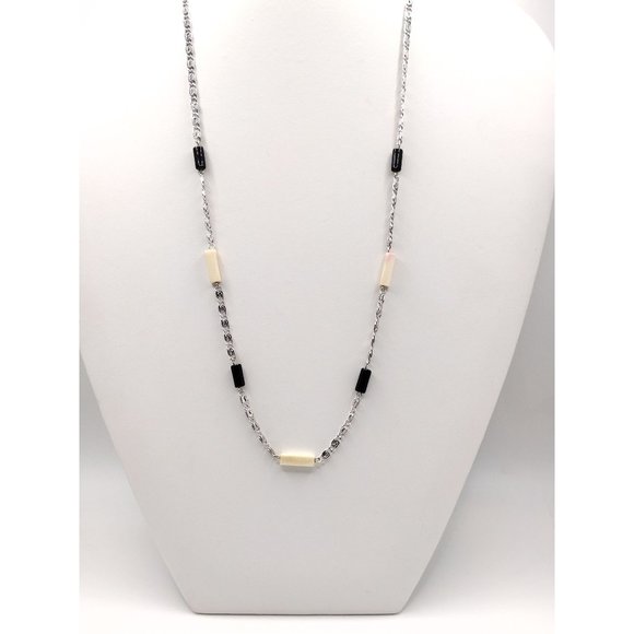 Sterling Silver Snail Chain with Black and White Rectangles 20" - Picture 2 of 5